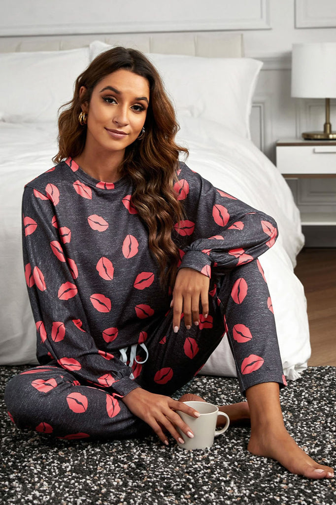 Super cute and comfy 2 piece jogger set in gray with pink lips pattern from Stella by Stacia.